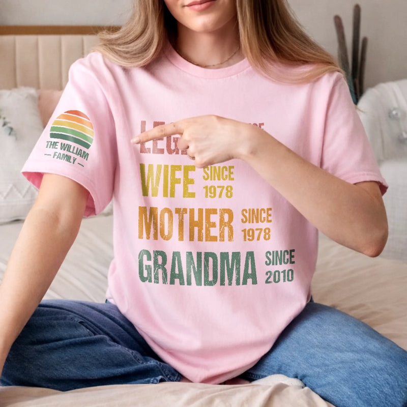 Custom Unisex T-Shirt With Design On Sleeve - Personalized Mother's Day Birthday Gifts For Mom, Grandma - Legend As A Grandma