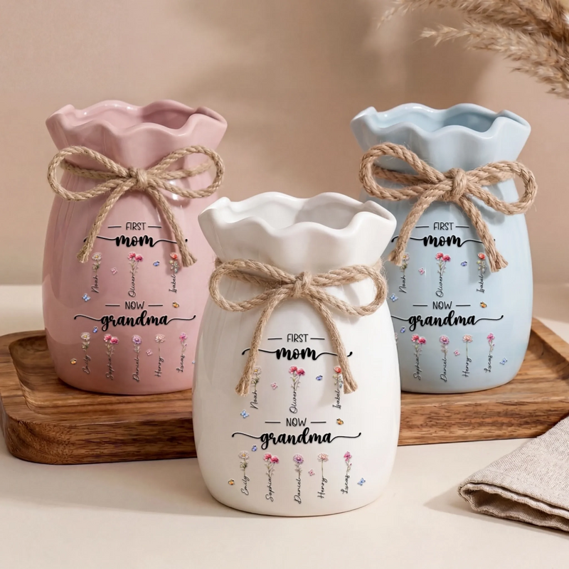 Custom Flower Vase With Ribbon - Personalized Mother's Day Birthday Gifts For Mom, Grandma - Her Love Bloomed Into Generations