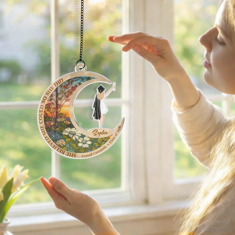 She Believed She Could, So She Did - Family Personalized Window Hanging Suncatcher Ornament - Graduation Gift For Family Members, Siblings, Brothers, Sisters