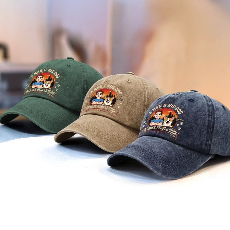 Custom Vintage Washed Denim Baseball Cap - Personalized Mother's Day, Father's Day Gifts For Dog Lovers, Dog Dad And Mom - My Pet My Happy Place
