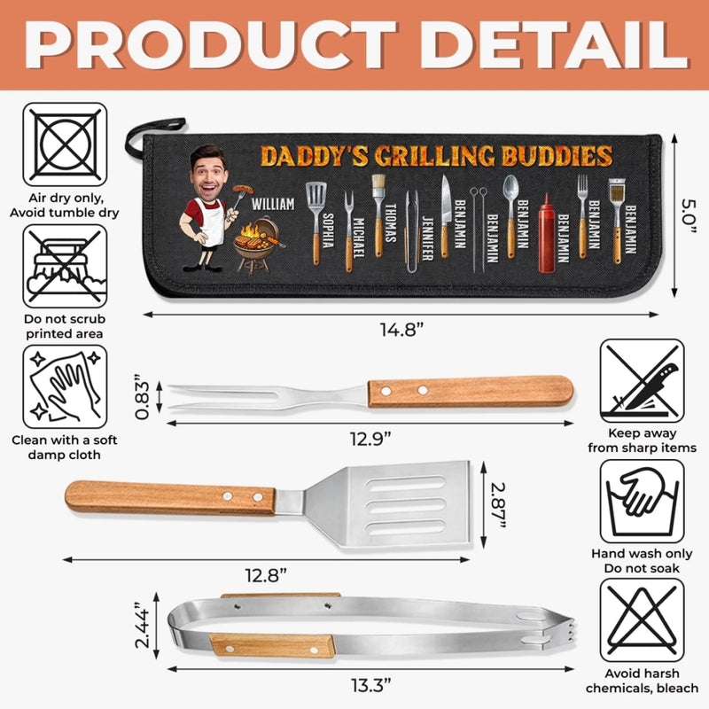 Custom Photo BBQ Tool Set With Storage Bag - Personalized Father's Day Birthday Gifts For Dad, Grandpa - Grilling Buddies