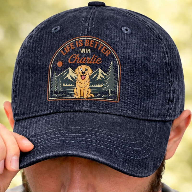 Custom Vintage Washed Denim Baseball Cap - Personalized Father's Day Gifts For Dog Lovers, Dog Dad And Mom - Dog Walks, Mountain Talks