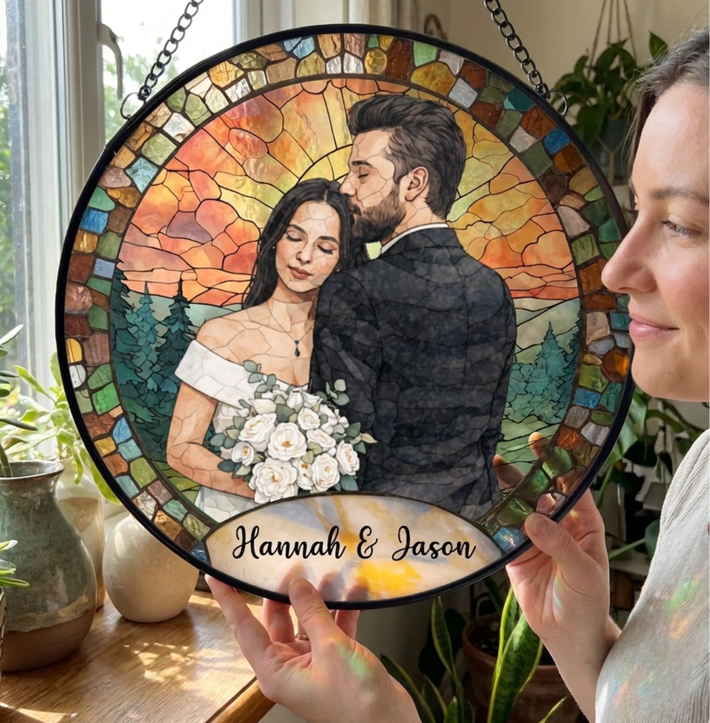 Custom Photo Stained Glass Window Hanging Suncatcher - Personalized Anniversary Wedding Gifts For Husband, Wife, Couple - Together, Painted In Forever