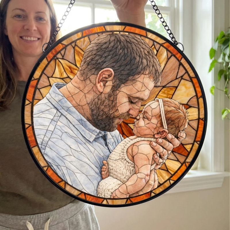 Custom Photo Stained Glass Window Hanging Suncatcher - Personalized Father's Day Birthday Gifts For Dad, Son - Dad Always Our Hero
