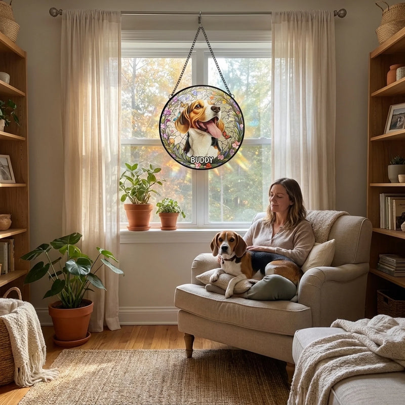 Custom Photo Forever In My Heart, Dear Friend - Memorial Personalized Custom Stained Glass Window Hanging Suncatcher - Sympathy Gift For Dog Lovers, Pet Owners