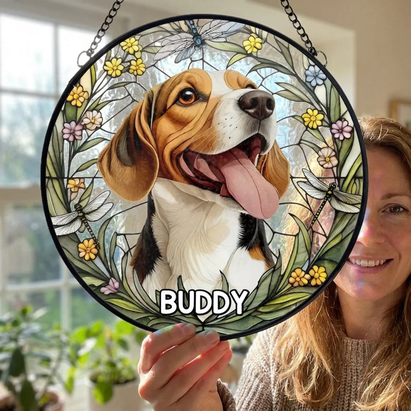 Custom Photo Forever In My Heart, Dear Friend - Memorial Personalized Custom Stained Glass Window Hanging Suncatcher - Sympathy Gift For Dog Lovers, Pet Owners