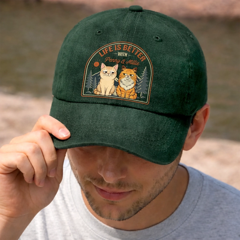 Custom Vintage Washed Denim Baseball Cap - Personalized Father's Day Gifts For Cat Lovers, Cat Mom And Dad - Living The Pawfect Life