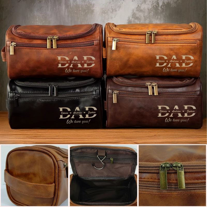 Custom Engraved Leather Toiletry Bag - Personalized Father's Day Birthday Gifts For Dad, Grandpa - Strong Hearts Start With Dad
