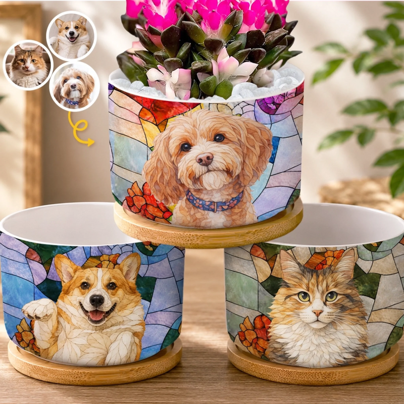 Custom Photo Stained Glass Home Decor Ceramic Plant Pot - Personalized Birthday Gifts For Dog Cat Lovers, Dog Dad And Mom, Cat Owners - Blooming With Pet Love
