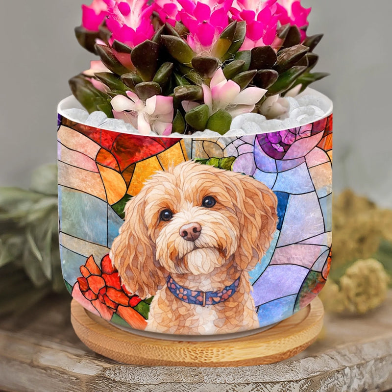 Custom Photo Stained Glass Home Decor Ceramic Plant Pot - Personalized Birthday Gifts For Dog Cat Lovers, Dog Dad And Mom, Cat Owners - Blooming With Pet Love
