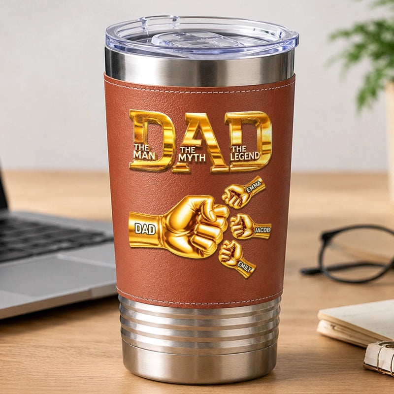 Custom Printed Leather Tumbler - Personalized Father's Day Birthday Gifts For Dad, Grandpa - Dad Is Our Everyday Hero
