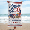 Custom Beach Towel - Personalized America 250th Anniversary, Summer Vacation And Travel Gifts For Mom, Dad, Brother, Sister, Kids - Born Free, Beach Bound