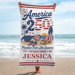 Custom Beach Towel - Personalized America 250th Anniversary, Summer Vacation And Travel Gifts For Family - Born Free, Beach Bound