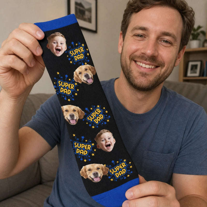 Custom Photo Middle Tube Socks - Personalized  Father's Day Birthday Gifts For Dad, Grandpa - Super Dad, Super Cool