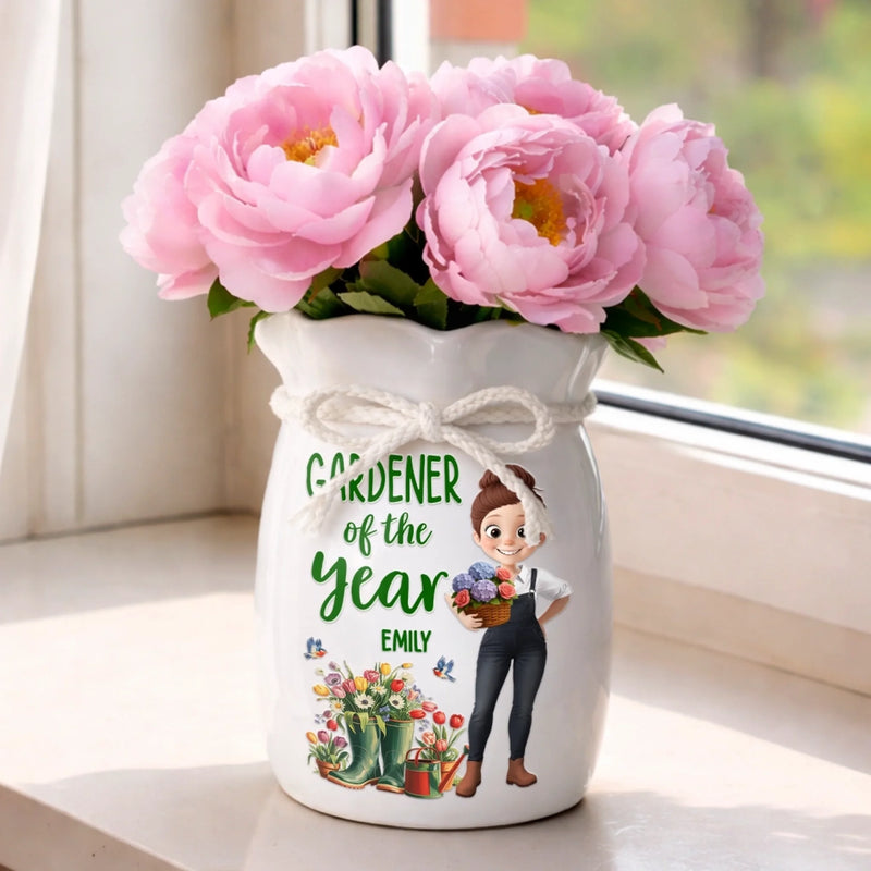 Custom Flower Vase With Ribbon - Personalized  Birthday Garden Gifts For Gardeners - Gardener Of The Year
