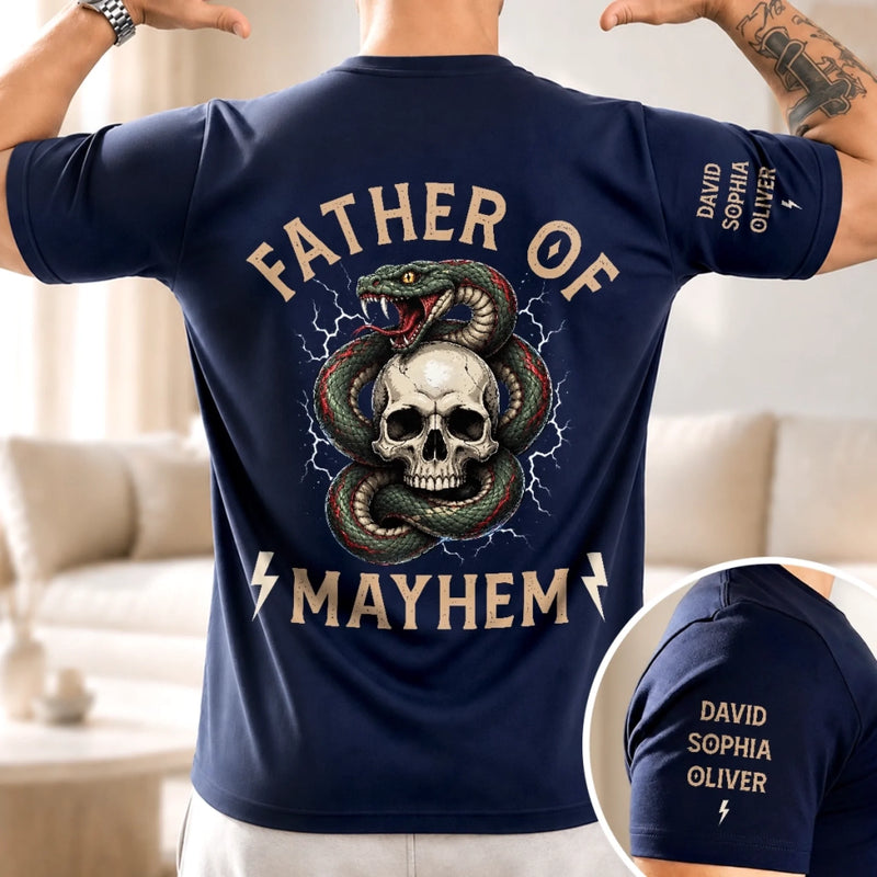 Custom Father Of Mayhem Back Printed Shirt - Personalized Mother's Day, Father's Day Gifts For Mom, Grandma, Dad, Grandpa - Raising Tiny Troublemakers