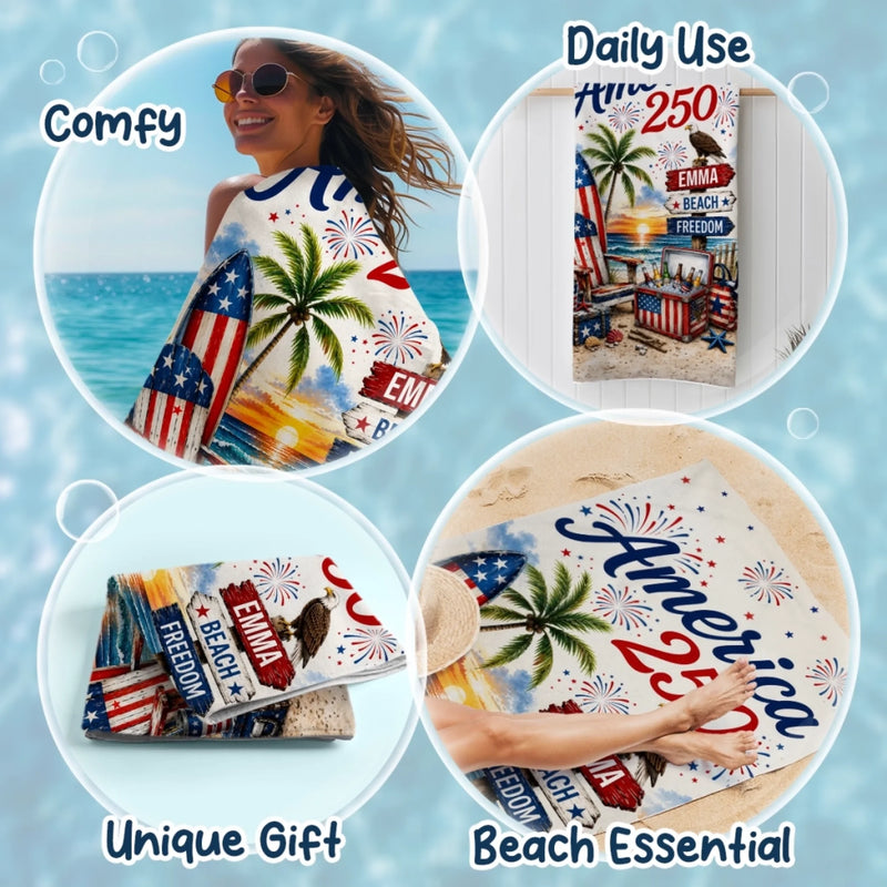Custom Beach Towel - Personalized America 250th Anniversary, Summer Vacation And Travel Gifts For Mom, Dad, Brother, Sister, Kids - Stars Stripes And Proud Hearts
