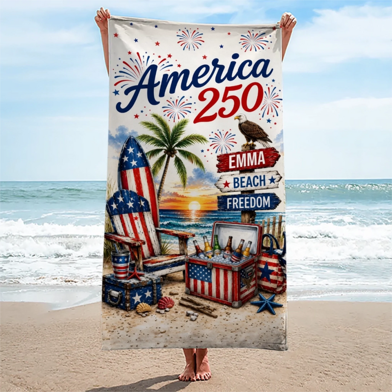 Custom Beach Towel - Personalized America 250th Anniversary, Summer Vacation And Travel Gifts For Mom, Dad, Brother, Sister, Kids - Stars Stripes And Proud Hearts