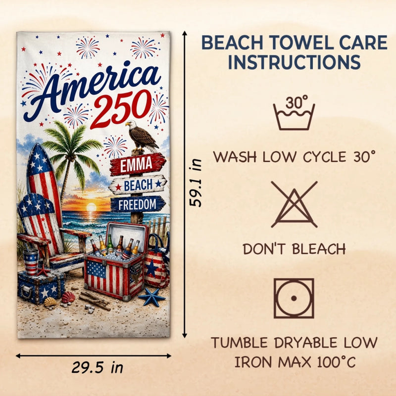 Custom Beach Towel - Personalized America 250th Anniversary, Summer Vacation And Travel Gifts For Mom, Dad, Brother, Sister, Kids - Stars Stripes And Proud Hearts