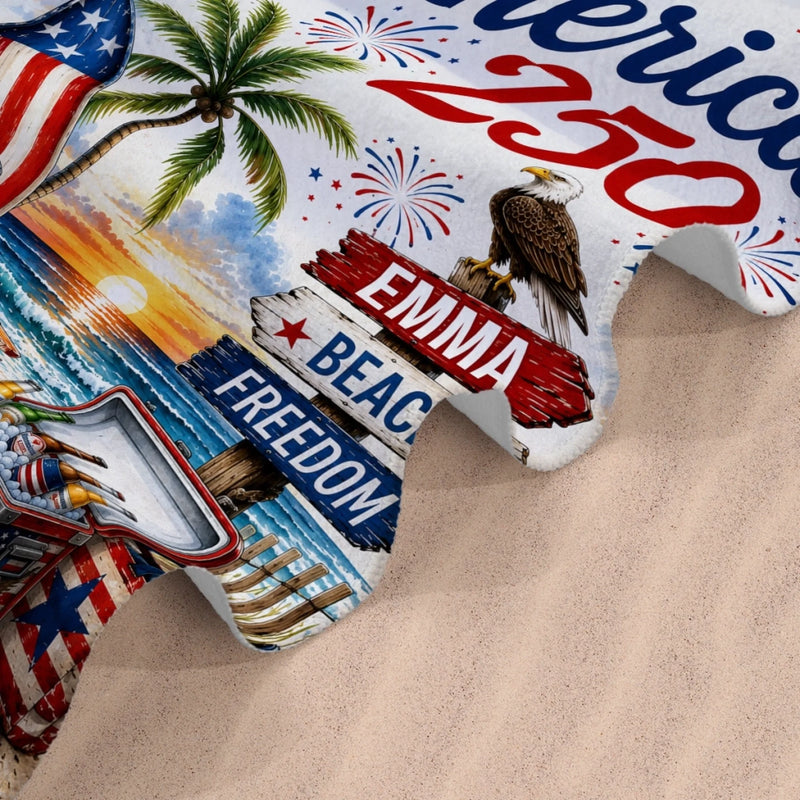 Custom Beach Towel - Personalized America 250th Anniversary, Summer Vacation And Travel Gifts For Mom, Dad, Brother, Sister, Kids - Stars Stripes And Proud Hearts