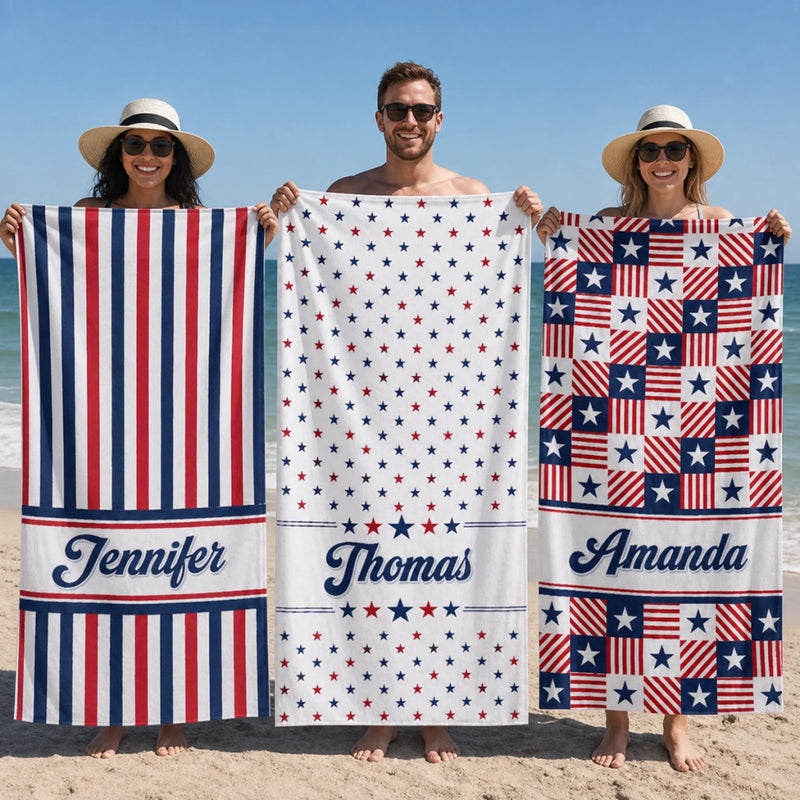Custom Beach Towel - Personalized America 250th Anniversary, Summer Vacation And Travel Gifts For Best Friends, Family - Summer Vibes USA Edition