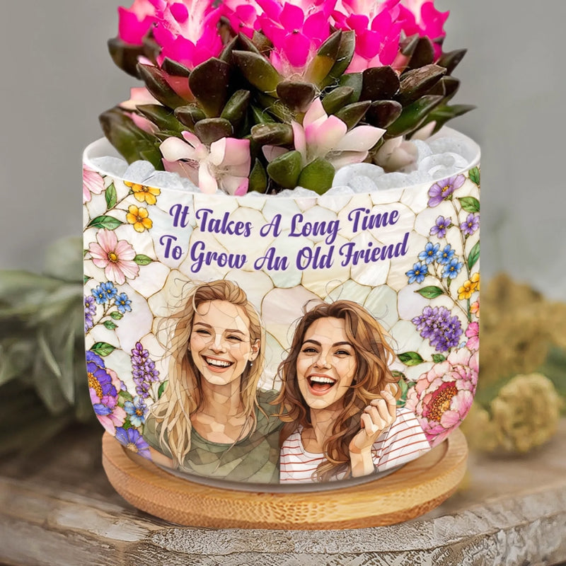 Custom Photo Stained Glass Home Decor Ceramic Plant Pot - Personalized Best Friend Birthday Gifts For Women, Besties, Sisters, BFF - Growing Old Friends Together