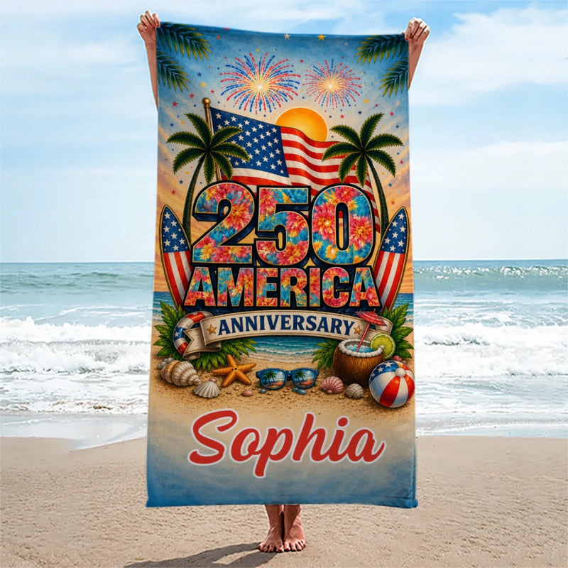 Custom Beach Towel - Personalized America 250th Anniversary, Summer Vacation And Travel Gifts For Mom, Dad, Brother, Sister, Kids - Stars Stripes Freedom Forever