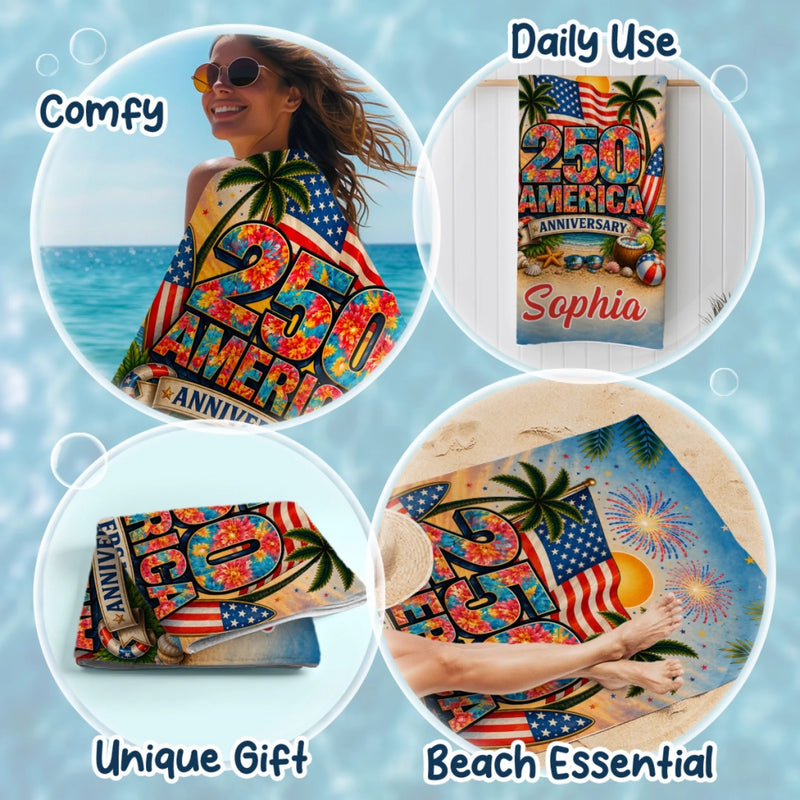 Custom Beach Towel - Personalized America 250th Anniversary, Summer Vacation And Travel Gifts For Mom, Dad, Brother, Sister, Kids - Stars Stripes Freedom Forever