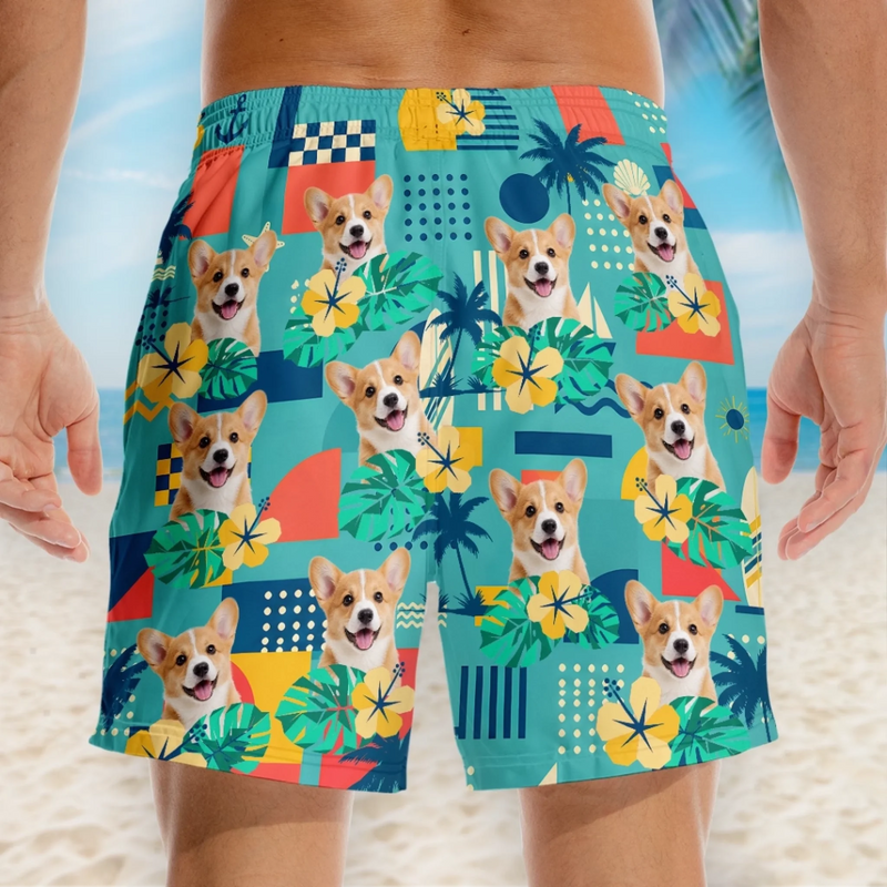 Custom Photo Tropical Hawaiian Aloha Men Beach Shorts - Personalized Summer Vacation And Travel Gifts For Dog Cat Lovers, Dog Dad And Mom, Cat Owners - Sunshine, Retro And Paws