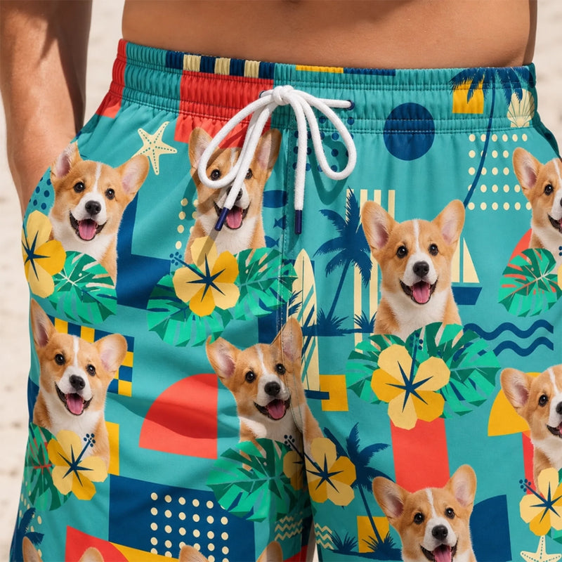 Custom Photo Tropical Hawaiian Aloha Men Beach Shorts - Personalized Summer Vacation And Travel Gifts For Dog Cat Lovers, Dog Dad And Mom, Cat Owners - Sunshine, Retro And Paws
