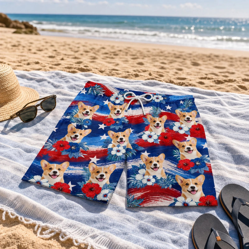 Custom Photo Tropical Hawaiian Aloha Men Beach Shorts - Personalized Summer Vacation And Travel Gifts For Dog Cat Lovers, Dog Dad And Mom, Cat Owners - Tropical Flowers, Happy Paws