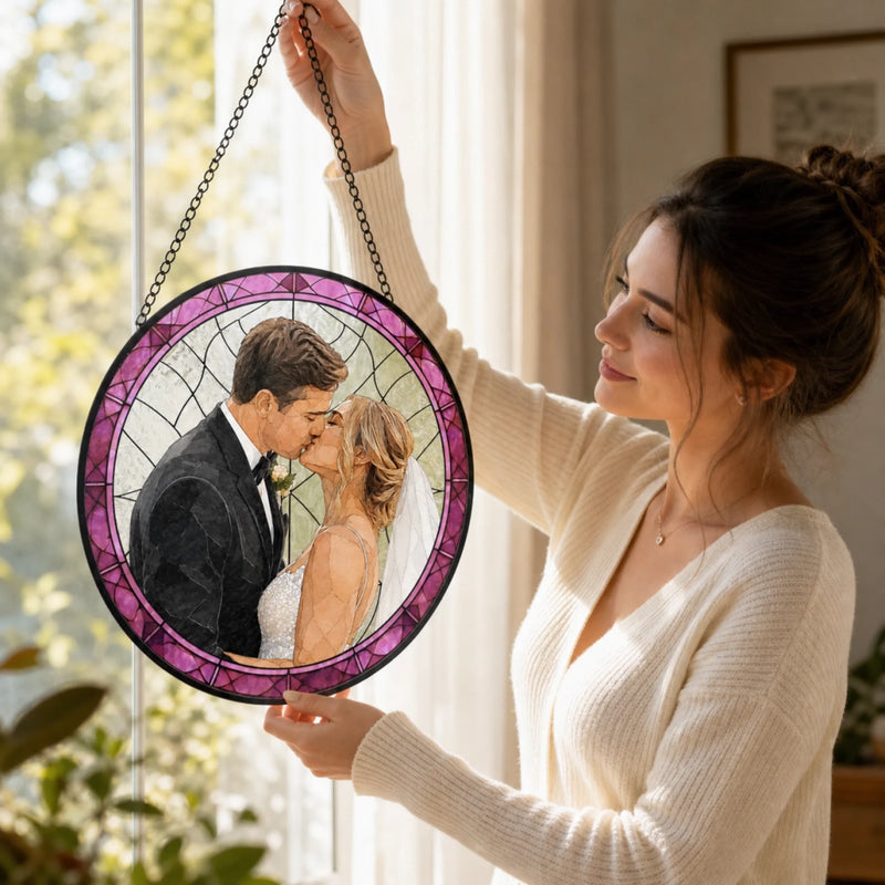 Custom Photo Stained Glass Window Hanging Suncatcher - Personalized Anniversary Wedding Gifts For Husband And Wife, Him And Her - Endless Love