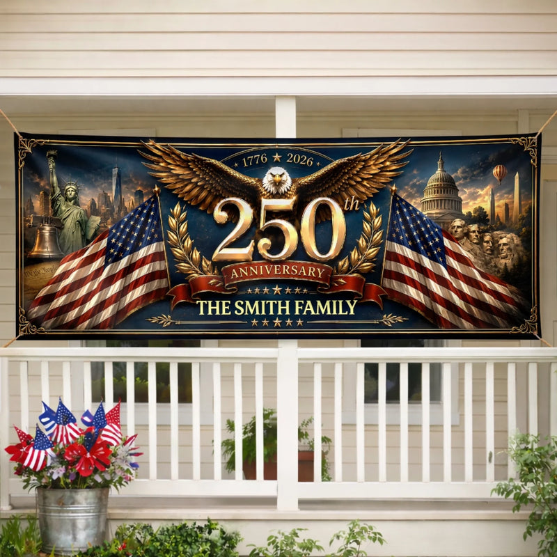 Custom Outdoor Banner - Personalized America 250th Anniversary Gifts For Mom, Dad, Kids - Celebrate Freedom In Style
