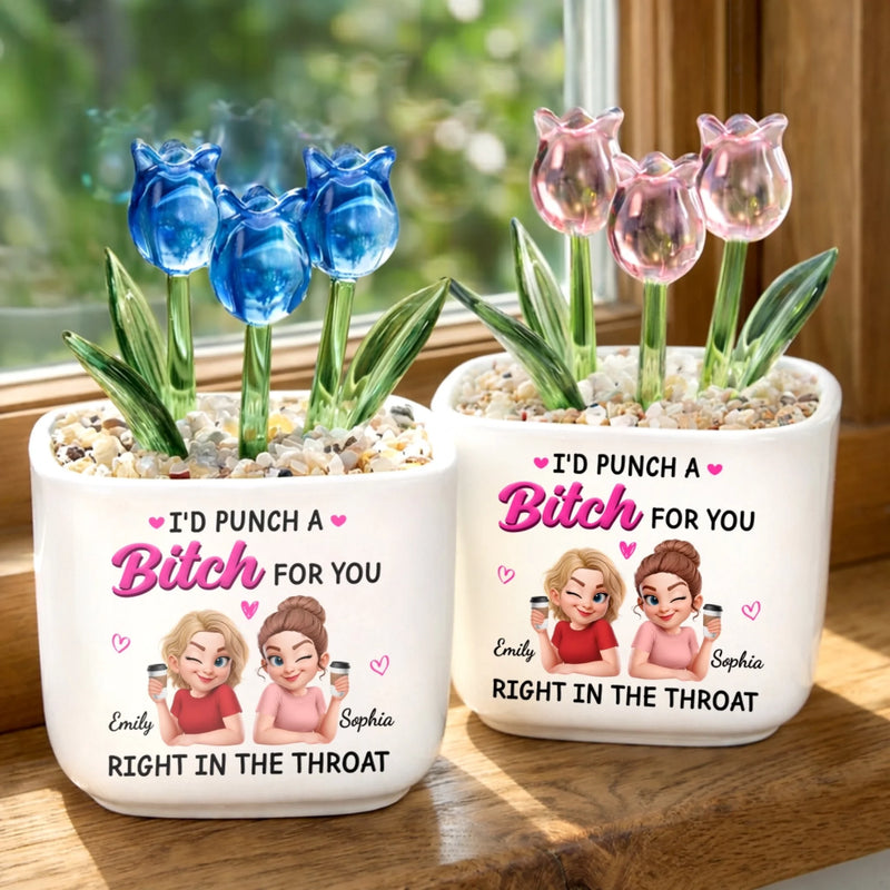 Custom Glass Everlasting Tulips - Personalized Best Friend Birthday Gifts For Women, Besties, Sisters, BFF - Partners In Actual Crime