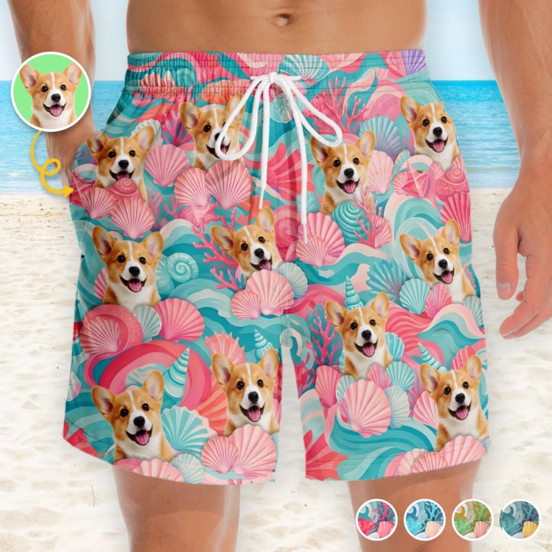 Custom Photo Tropical Hawaiian Aloha Men Beach Shorts - Personalized Summer Vacation And Travel Gifts For Dog Cat Lovers, Dog Dad And Mom, Cat Owners - Minty Waves, Happy Paws