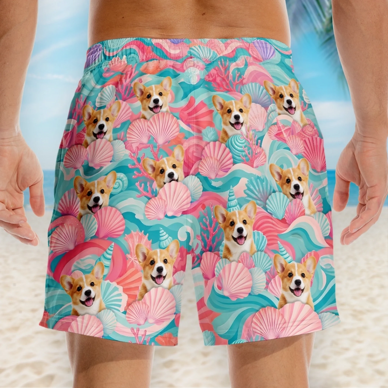 Custom Photo Tropical Hawaiian Aloha Men Beach Shorts - Personalized Summer Vacation And Travel Gifts For Dog Cat Lovers, Dog Dad And Mom, Cat Owners - Minty Waves, Happy Paws