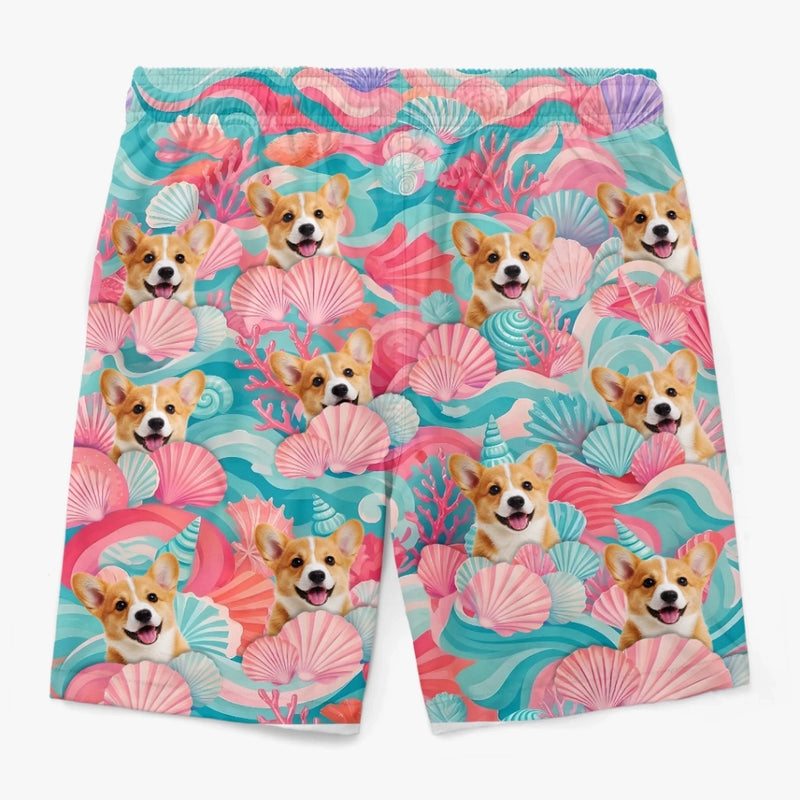 Custom Photo Tropical Hawaiian Aloha Men Beach Shorts - Personalized Summer Vacation And Travel Gifts For Dog Cat Lovers, Dog Dad And Mom, Cat Owners - Minty Waves, Happy Paws