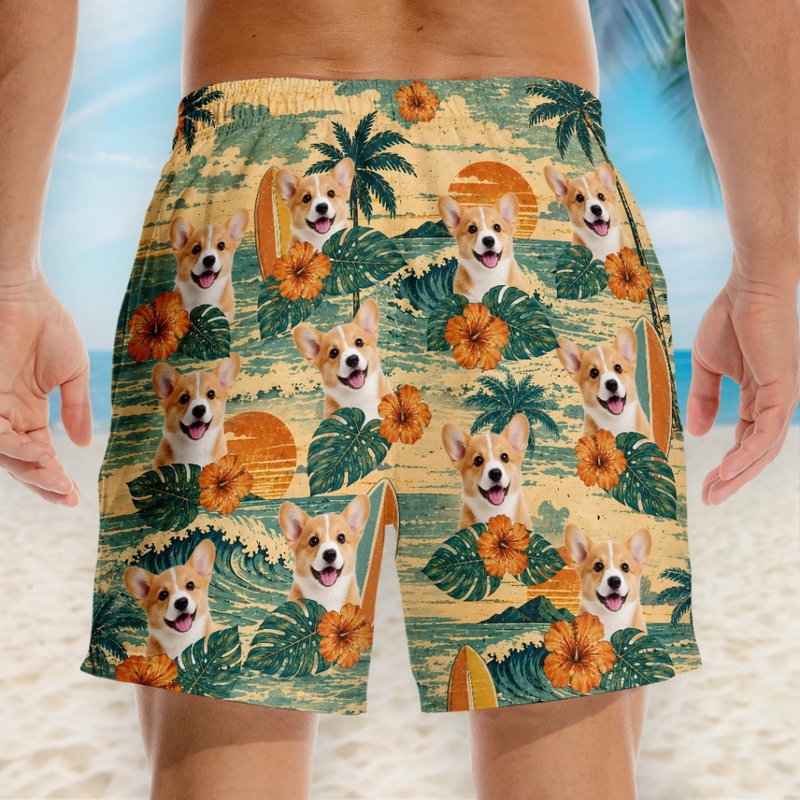Custom Photo Tropical Hawaiian Aloha Men Beach Shorts - Personalized Summer Vacation And Travel Gifts For Dog Cat Lovers, Dog Dad And Mom, Cat Owners - Golden Hour, Golden Pups