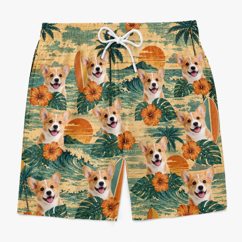 Custom Photo Tropical Hawaiian Aloha Men Beach Shorts - Personalized Summer Vacation And Travel Gifts For Dog Cat Lovers, Dog Dad And Mom, Cat Owners - Golden Hour, Golden Pups
