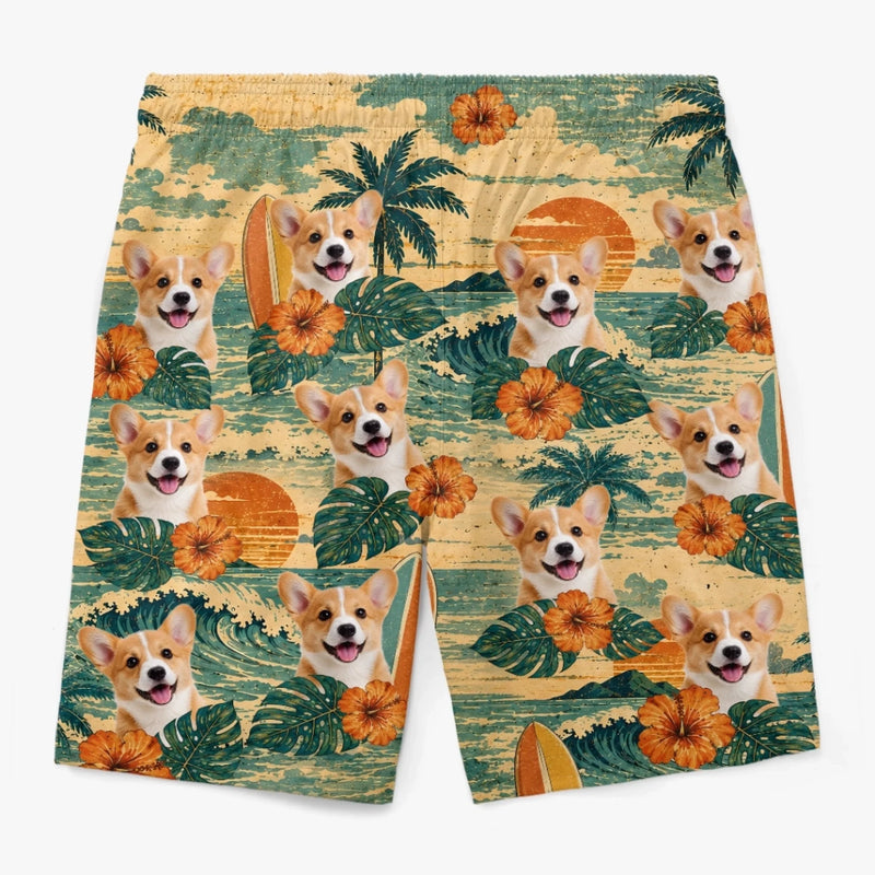 Custom Photo Tropical Hawaiian Aloha Men Beach Shorts - Personalized Summer Vacation And Travel Gifts For Dog Cat Lovers, Dog Dad And Mom, Cat Owners - Golden Hour, Golden Pups