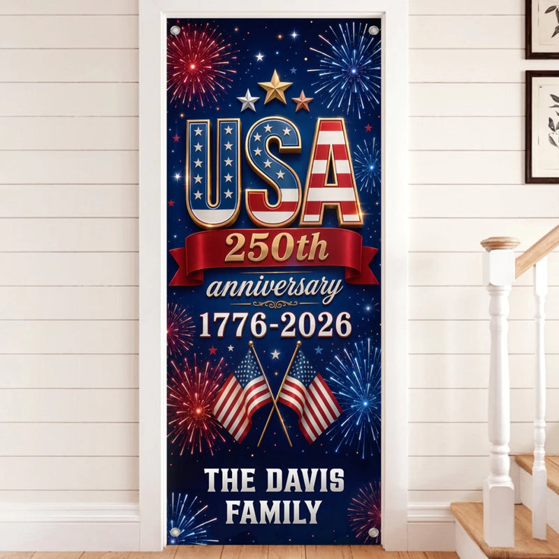 Custom Door Cover - Personalized America 250th Anniversary Gifts For Mom, Dad, Brother, Sister, Kids  - Stars Stripes Proud Hearts