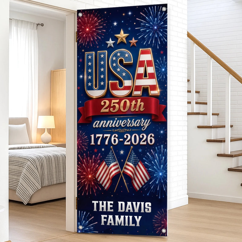 Custom Door Cover - Personalized America 250th Anniversary Gifts For Mom, Dad, Brother, Sister, Kids  - Stars Stripes Proud Hearts