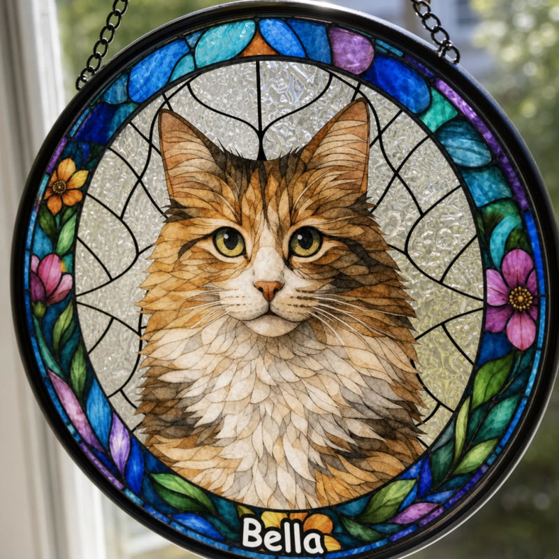 Custom Photo Stained Glass Window Hanging Suncatcher - Personalized Birthday Gifts For Dog Cat Lovers, Dog Dad And Mom, Cat Owners - Puppy Portrait With Rainbow Energy