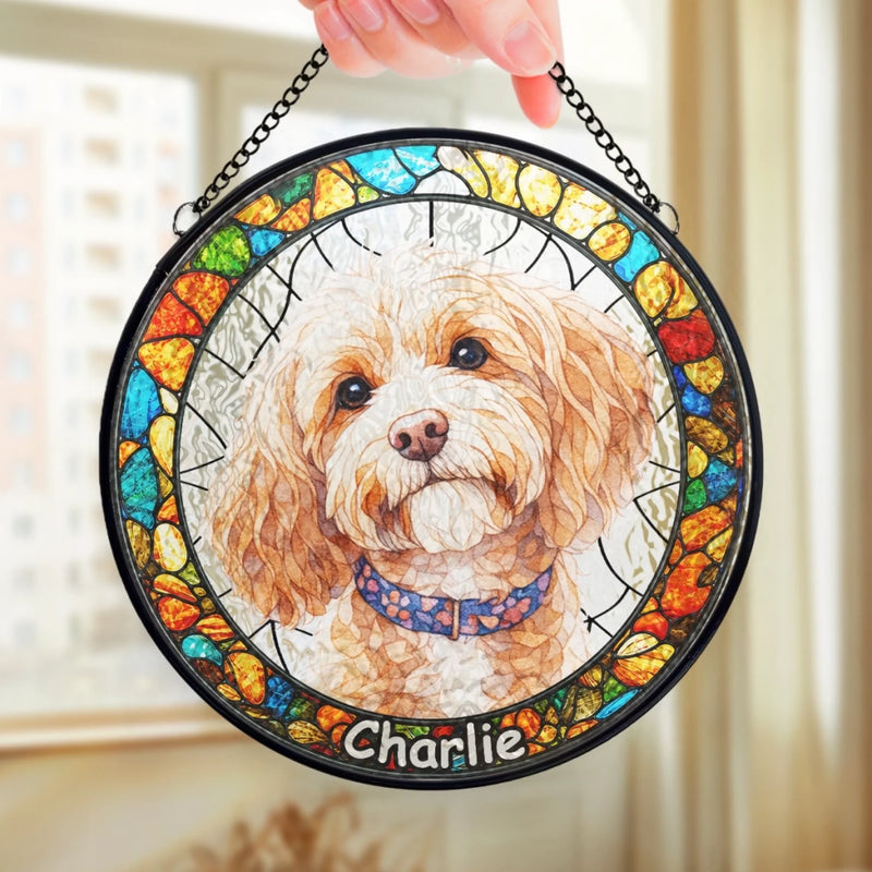 Custom Photo Stained Glass Window Hanging Suncatcher - Personalized Birthday Gifts For Dog Cat Lovers, Dog Dad And Mom, Cat Owners - Puppy Portrait With Rainbow Energy