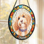 Custom Photo Stained Glass Window Hanging Suncatcher - Personalized Birthday Gifts For Dog Lovers, Dog Dad, Dog Mom - Puppy Portrait With Rainbow Energy