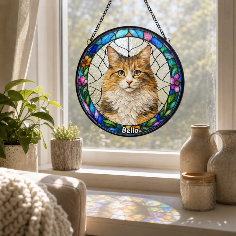 Custom Photo Stained Glass Window Hanging Suncatcher - Personalized Birthday Gifts For Dog Cat Lovers, Dog Dad And Mom, Cat Owners - Puppy Portrait With Rainbow Energy