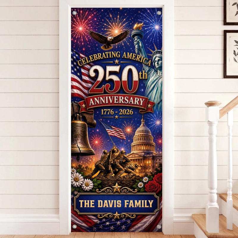 Custom Door Cover - Personalized America 250th Anniversary Gifts For Mom, Dad, Brother, Sister, Kids  - Welcome To The USA Era