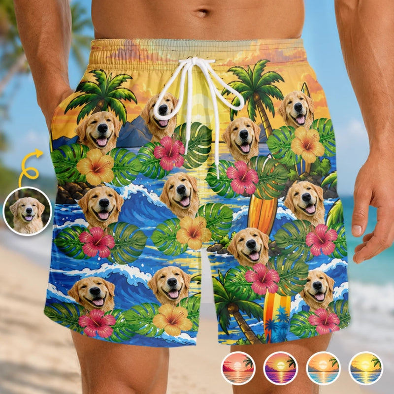 Custom Photo Funny Caricature Tropical Hawaiian Aloha Men Beach Shorts - Personalized Summer Vacation And Travel Gifts For Dog Cat Lovers, Dog Dad And Mom, Cat Owners - Palm Trees And Puppy Breeze