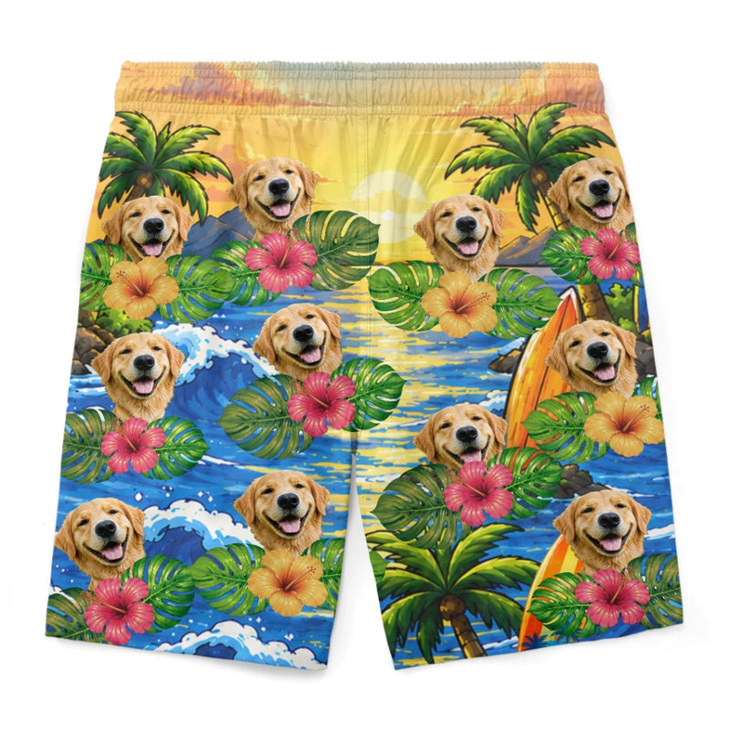 Custom Photo Funny Caricature Tropical Hawaiian Aloha Men Beach Shorts - Personalized Summer Vacation And Travel Gifts For Dog Cat Lovers, Dog Dad And Mom, Cat Owners - Palm Trees And Puppy Breeze