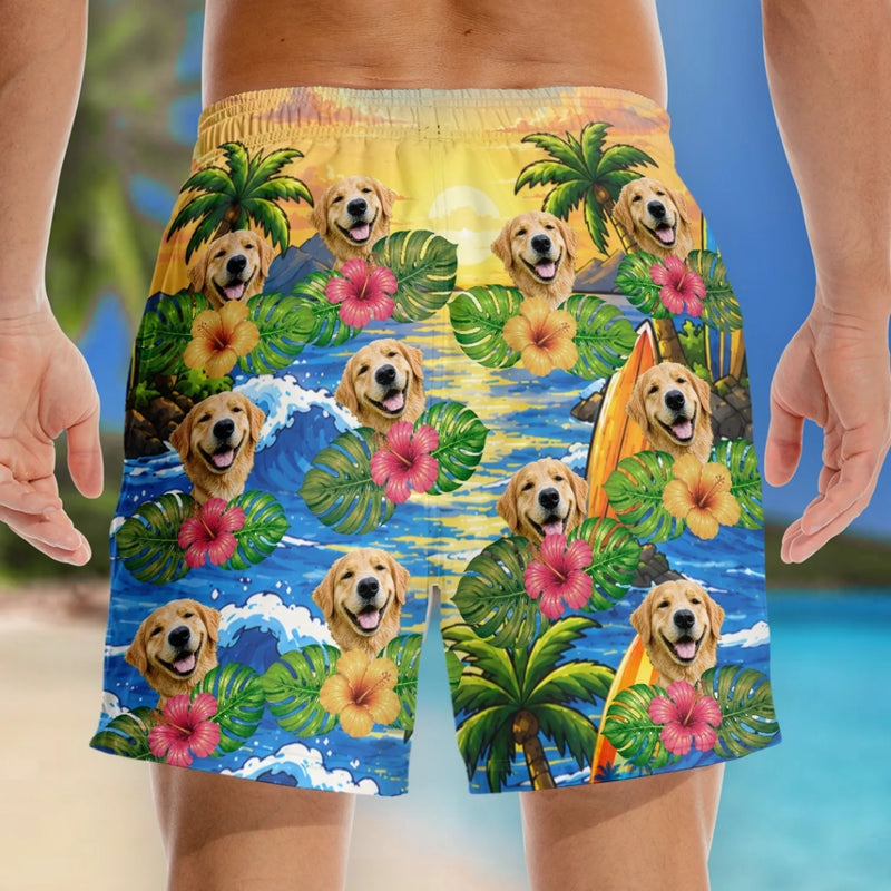 Custom Photo Funny Caricature Tropical Hawaiian Aloha Men Beach Shorts - Personalized Summer Vacation And Travel Gifts For Dog Cat Lovers, Dog Dad And Mom, Cat Owners - Palm Trees And Puppy Breeze